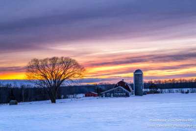 Sunset colors and farm