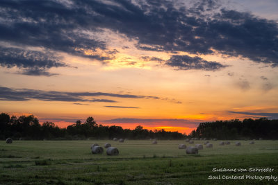 Sunset colors, hay bales