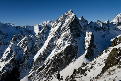 Prostredny Hrot 2441m seen from Lomnicka Pass 2190m, High Tatras