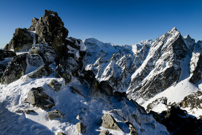 Prostredny Hrot 2441m seen from Lomnicka Pass 2190m, High Tatras