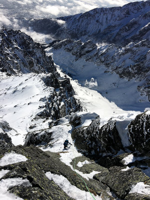 Myself climbing on Birkenmajer Spur on Lomnicky Peak 2634m, High Tatras