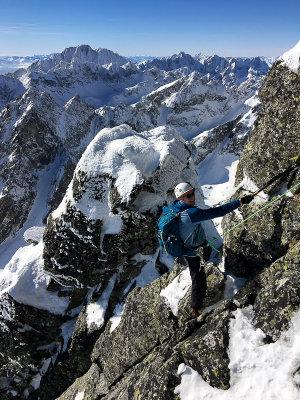 Myself climbing on Birkenmajer Spur on Lomnicky Peak 2634m, High Tatras