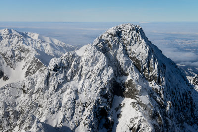 View of Pysny Peak 2621m from the summit of Lomnicky Peak 2634m, High Tatras