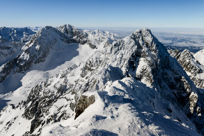 Pysny Peak 2621m and L'adovy Peak 2627m on the left behind from the summit of Lomnicky Peak 2634m, High Tatras