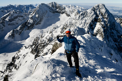 Myself on the summit of Lomnicky Peak 2634m, Pysny Peak 2621m behind, High Tatras