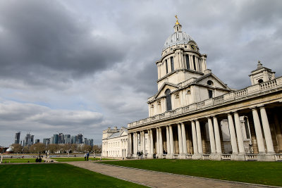 The Old Royal Naval College Chapel of Sts. Peter and Paul with distant Canary Wharf, University of Greenwich, London
