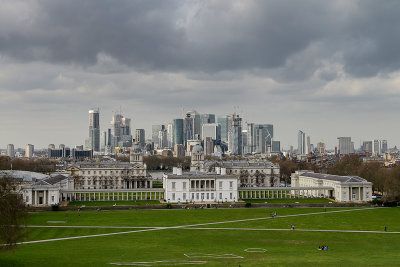 Looking towards University of Greenwich and distant Canary Wharf from Greenwich Park, London
