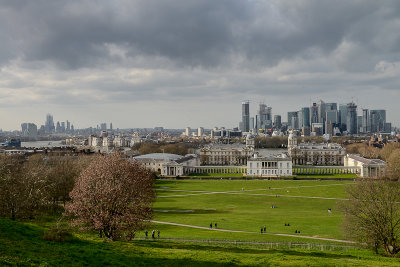 Looking towards University of Greenwich and distant Canary Wharf from Greenwich Park, London