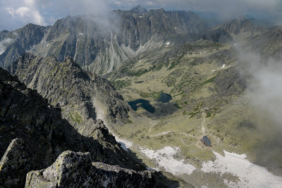 Looking down upper Mengusovsk Valley with Under Rysy Hut 2250m from the ridge next to Tazky Peak 2520m, High Tatras
