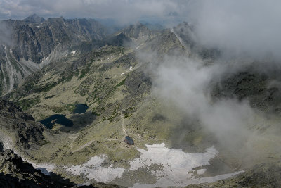 Looking down upper Mengusovsk Valley with Under Rysy Hut 2250m from the ridge next to Tazky Peak 2520m, High Tatras