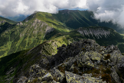 Looking down Med'odolský Ridge and Placlivá skála 2142m behind from the summit of Jahnaci Peak 2230m, Tatra NP