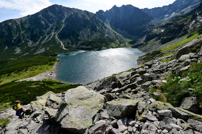 Looking down Black Lake Gasienicowy 1624m from Karb Pass ascend, Tatra NP