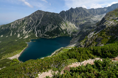 View towards Black Lake Gasienicowy 1624m and Granaty Peaks 2240m far behind from Small Koscielec, Tatra NP