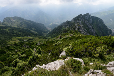 SW view from Kominiarski Peak 1829m along Smytna Valley down Koscieliska Valley, Tatra NP