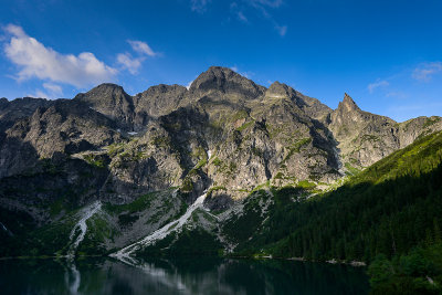 Mieguszowieckie Peaks 2438m with Mieguszowiecki Black Peak 2410m on the left seen from Morskie Oko Lake 1395m, Tatra NP