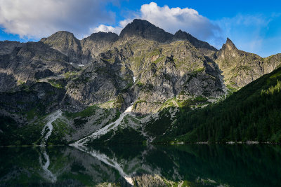 Mieguszowieckie Peaks 2438m with Mieguszowiecki Black Peak 2410m on the left seen from Morskie Oko Lake 1395m, Tatra NP