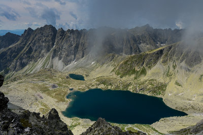Looking down Great Hincovo Lake 1945m from the summit of Mieguszowiecki Black Peak 2410m, Tatra NP