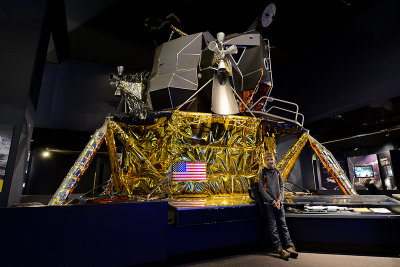 Alex in front of a copy of Apollo 11 Lunar Module 'Eagle', Science Museum, London