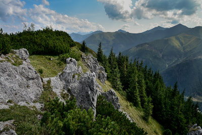 SE view from Bobrowiec 1663m with Starorobocianski Peak 2176m dominating far behind on the right, Tatra NP