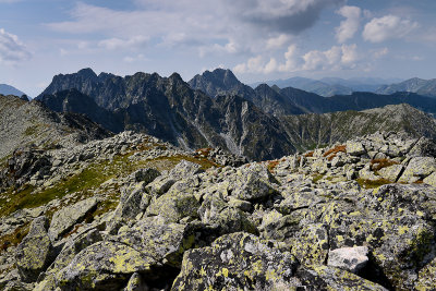 View towards Swinica 2301m far behind from Koszyta ridge, on the left Granaty Peaks 2240m, very left Kozi Peak 2291m, Tatra NP