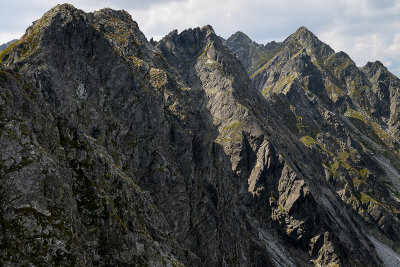 Close-up of Buczynowe Turnie 2184m and Granaty Peaks 2240m behind from Waksmudzki Peak 2189m, Tatra NP