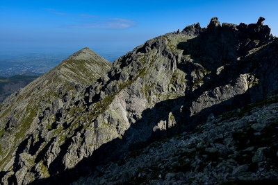 Pod Fajki Peak 2135m and Zolta Turnia 2087m behind on the left seen from Granaty Peaks ascend, Tatra NP