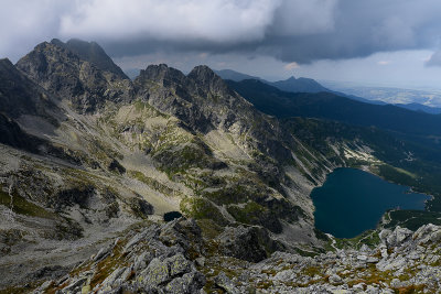 View with Swinica 2301m on the left, Koscielec ridge 2162m in the middle and Black Lake Gasienicowy 1624m on the right, Tatra NP