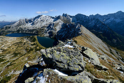 SE view from Gladki Peak 2065m with Black Polish Lake 1722m and Great Polish Lake 1664m in the bottom, Tatra NP