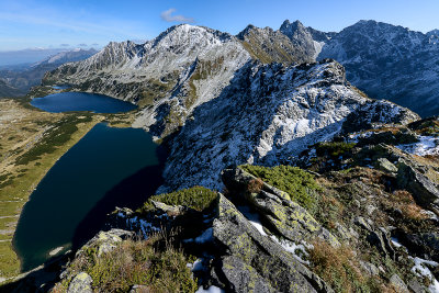 SE view along Kotelnica ridge 1990m with Black Polish Lake 1722m and Great Polish Lake 1664m in the bottom, Tatra NP