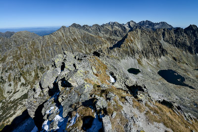 View along the eastern ridge of Hruby Peak, towards Strbsky Stit 2381m, far behind on the right Gerlach Peak 2655m, Tatra NP