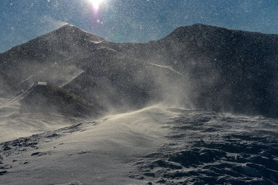 In the snowstorm, behind on the left Starorobocianski Peak 2176m, on the right Konczysty Peak 2002m, Tatra NP