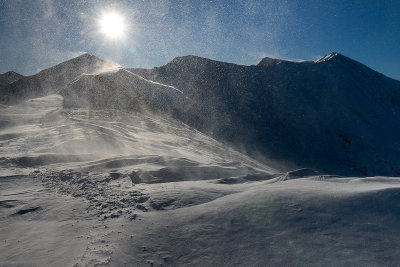 On the ridge between Trzydniowianski Peak 1758m and Konczysty Peak 2002m, Jarzabczy Peak 2137m behind on the right, Tatra NP