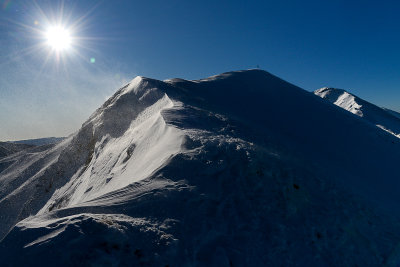 Approaching the summit of Konczysty Peak 2002m, Jarzabczy Peak 2137m behind on the right, Tatra NP