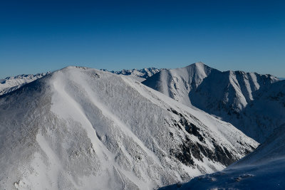 E view from Jarzabczy Peak 2137m, on the left Starorobocianski Peak 2176m, behind Bystra 2248m, Tatra NP