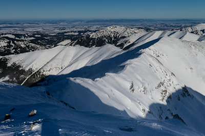 Looking down Konczysty Peak 2002m on the right from the summit of Jarzabczy Peak 2137m, Tatra NP