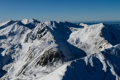 W view from Jarzabczy Peak 2137m, Ostry Rohac 2088m centrally on the left and Wolowiec 2064m on the right, Tatra NP