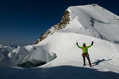 Myself on the ridge with Lyskamm Ost summit 4527m behind