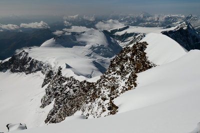 Looking along the descend route from Lyskamm West summit 4481m down Zwilling glacier to Punta Felik 4087m