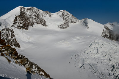 Looking towards Lyskamm ridge over Lys Occidentale glacier from below Punta Felik 4087m