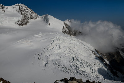 Looking towards Lyskamm Ost 4527m over Lys Occidentale glacier from below Punta Felik 4087m