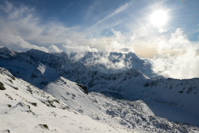 Looking down Five Polish Lakes Valley from the ridge near Zawrat Pass