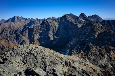 E view towards Rysy 2503m and Vysok 2547m from the summit of Velky Mengusovsky tt 2438m