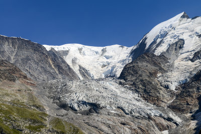 Close-up on Col de Tricot 2120m, Aiguille de Bionnassay 4052m and Bionnassay Glacier