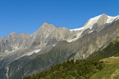 Col de Voza, from left Aiguille du Plan 3673 m, Aiguille du Midi 3842m, Mont Blanc du Tacul 4248m