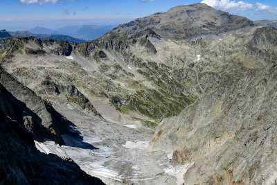 Looking towards Aiguille de Salenton 2671m over the leftovers of Glacier de Brard from Col du Belvdre 2780m