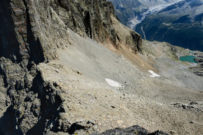 Looking down Lac Blanc 2352m from Col du Belvdre 2780m