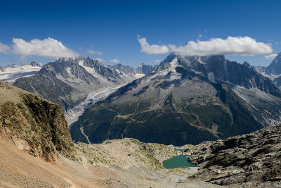 Looking towards Aiguille Verte 4121m over Lac from Col du Belvdre 2780mBlanc 2352m 