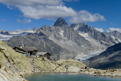 Lac Blanc 2352m, The Hut and Aiguille de Chardonnet 3824m behind