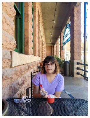 Enjoying gelato on the library balcony