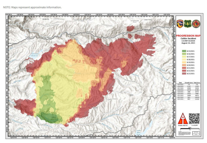 Caldor Fire Progression Map Aug. 24, 2021